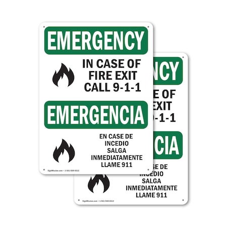 Signmission Exit Sign, Plastic, 7 in W, 10 in H, In Case Of Fire Exit Call 9-1-1 Bilingual OS-2PACK-EM-P-710-L-10339